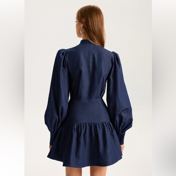 Commense Denim Navy Dark Blue Stand Collar Puff Sleeve Mini Dress Size XS - Picture 2 of 5
